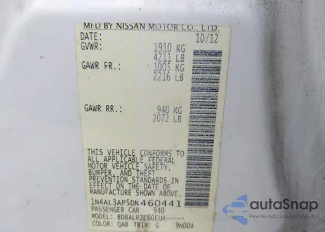 2013 Nissan Altima 2.5 S z USA, uszkodzony, nr VIN 1N4AL3AP5DN460441